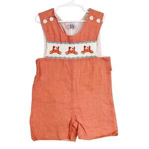 Orient Expressed Vintage Crabs Romper Gingham Smocked Boys Orange - 4 4T